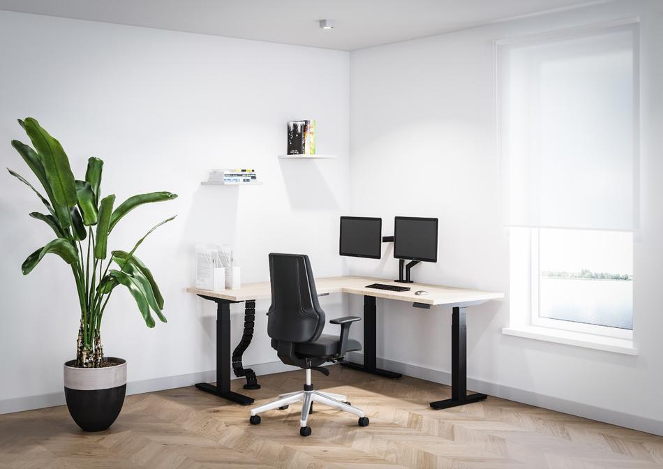 DeskRise Corner Electric Sit Stand Desk Memory Shape Seating